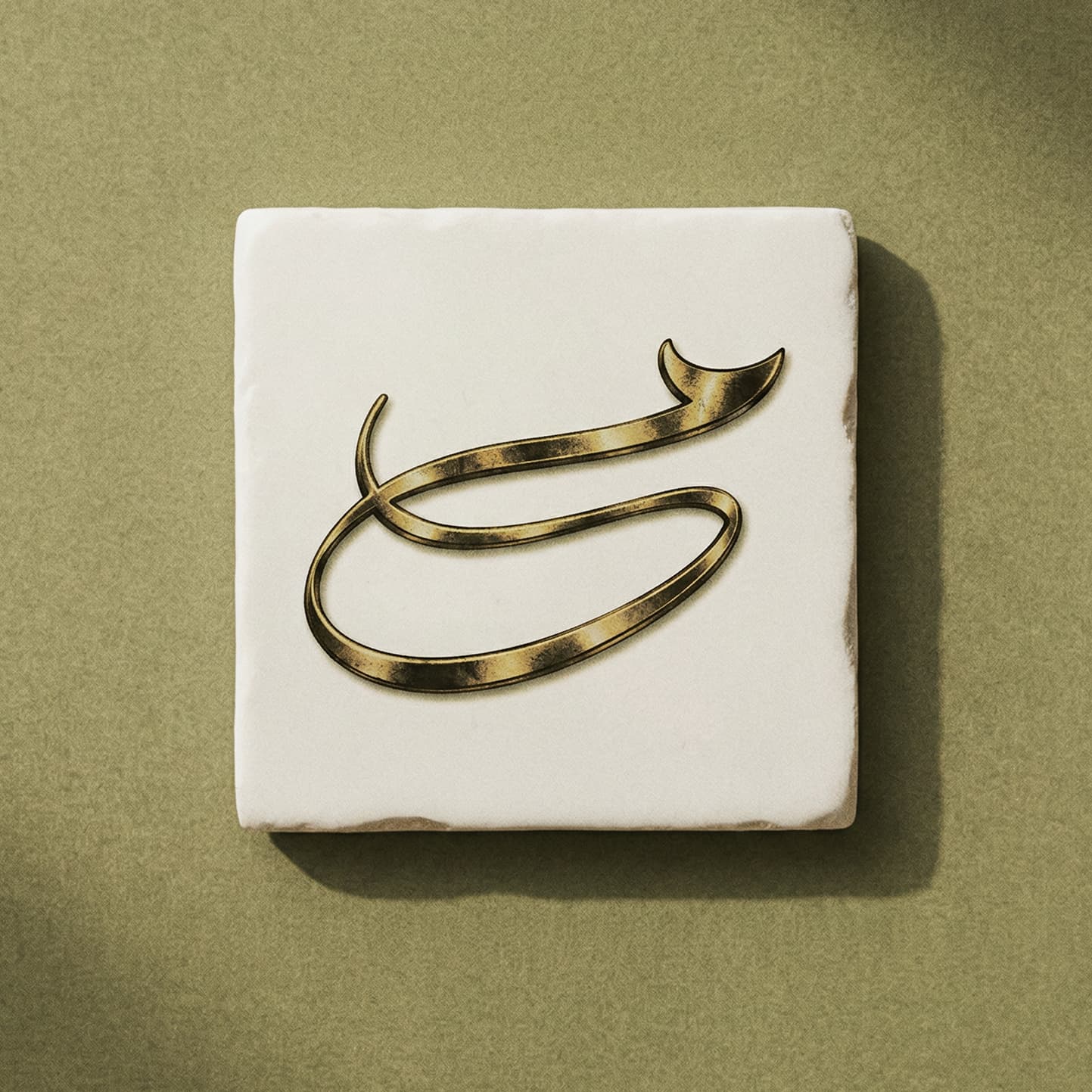 A Jourie initial hand-formed in gold on a ceramic tile